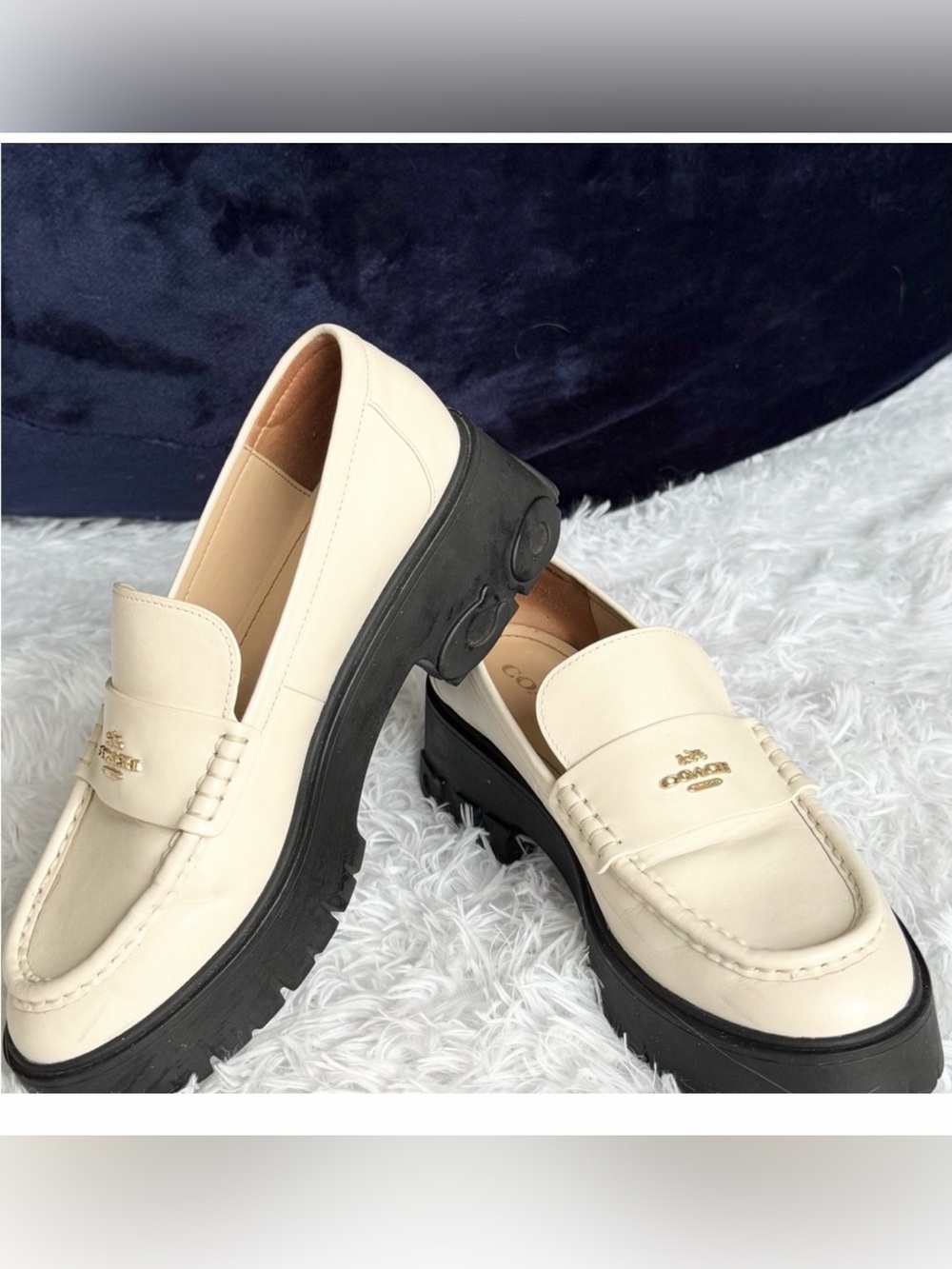 Coach Cream Leather Lug Sole Penny Loafers with Gold Logo
